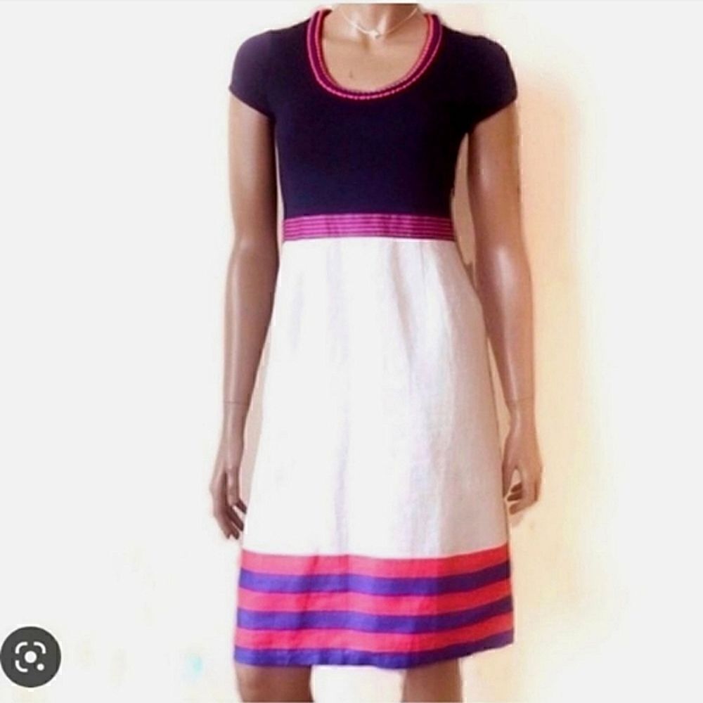 Boden Scoopneck Colorblocked Red White and Blue Dress Short Sleeved Sz 2